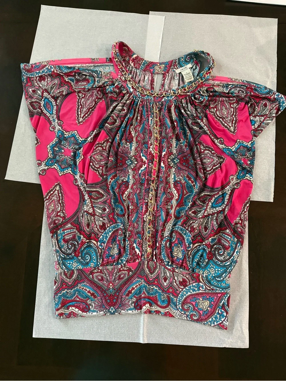 Cache Pink Paisley Cold-Shoulder Top with Chain Trim